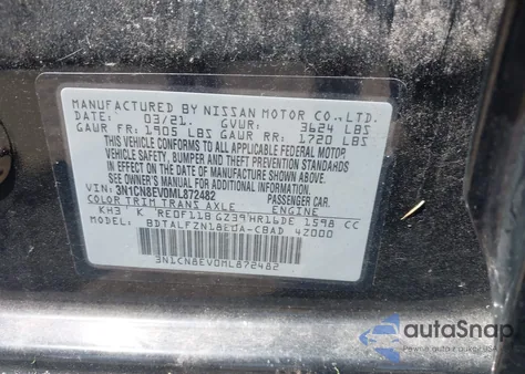 2021 Nissan Versa Sv Xtronic Cvt z USA, uszkodzony, nr VIN 3N1CN8EV0ML872482